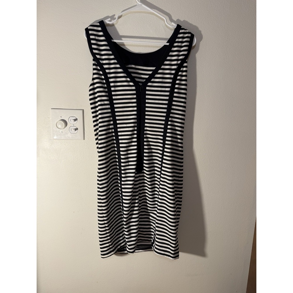 Womens Roulette Black White Striped Sleeveless V-Neck Zip Up Dress Size 10